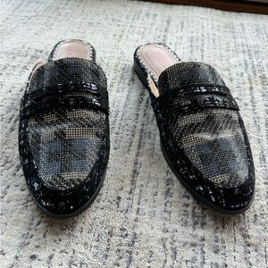 Betsy Johnson rhinestone mules blue/silver/black. Gently worn. Enjoy. Size 9.5